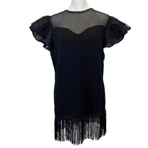 80s Vintage St John Knit Mini Dress Sz 10 Black Fringe Sheer Ruffled Organza